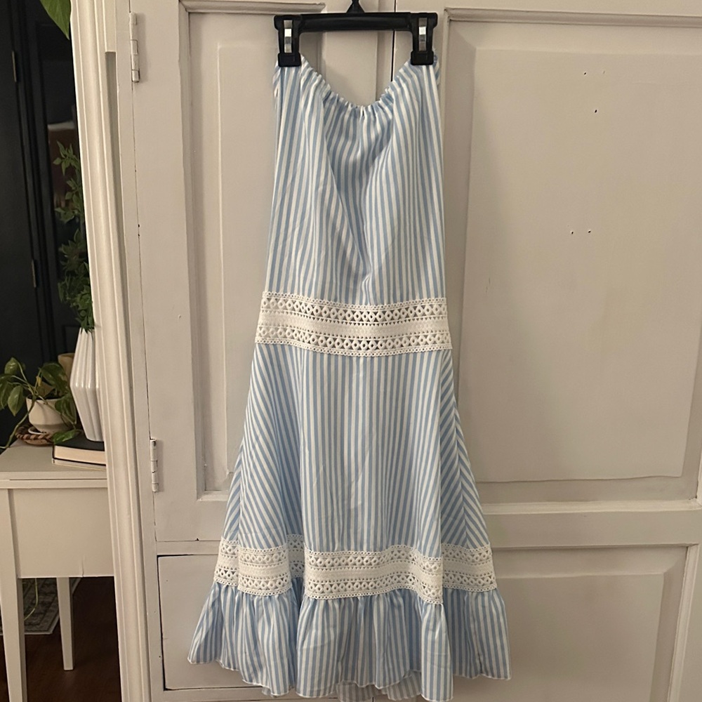 Light Blue Striped Lace-Trim Midi Dress